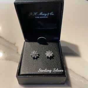 Macy's Sterling Silver Diamond  Flower Earrings 1/10 CT SS